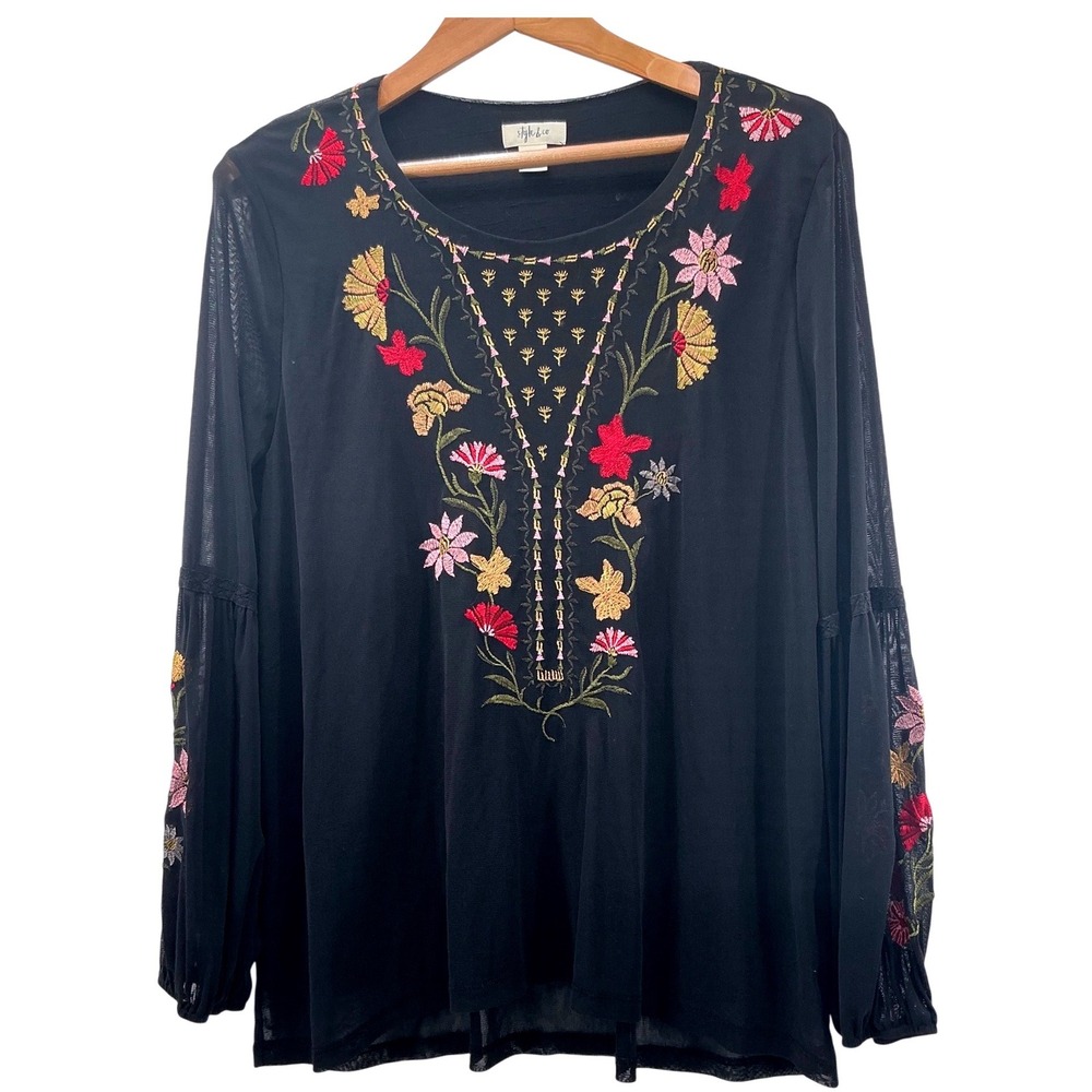 Style & Co Womens XL Black Floral Embroidered Mesh Boho Bell Sleeve Top Blouse - Picture 2 of 10